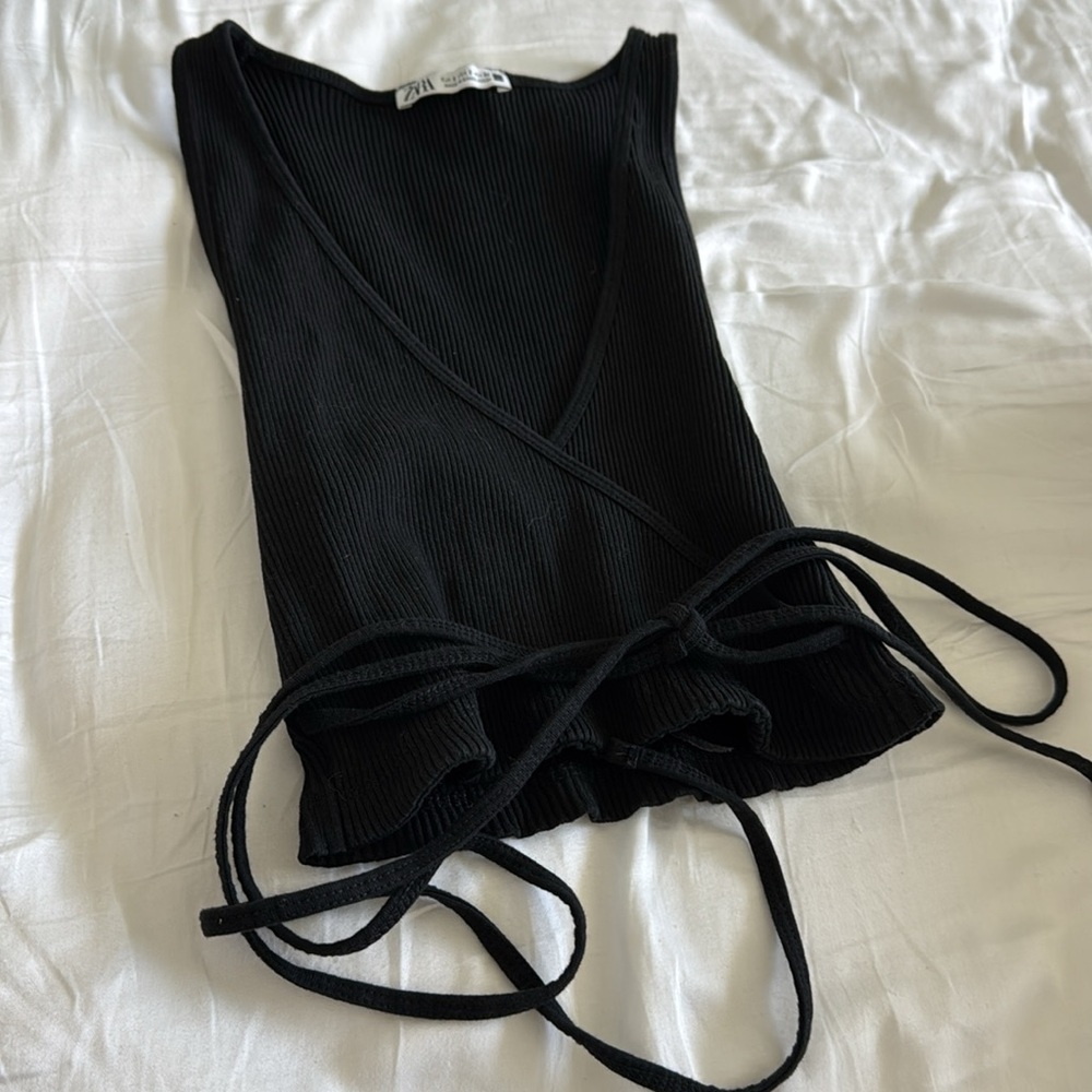 Zara Black Ribbed Wrap Top